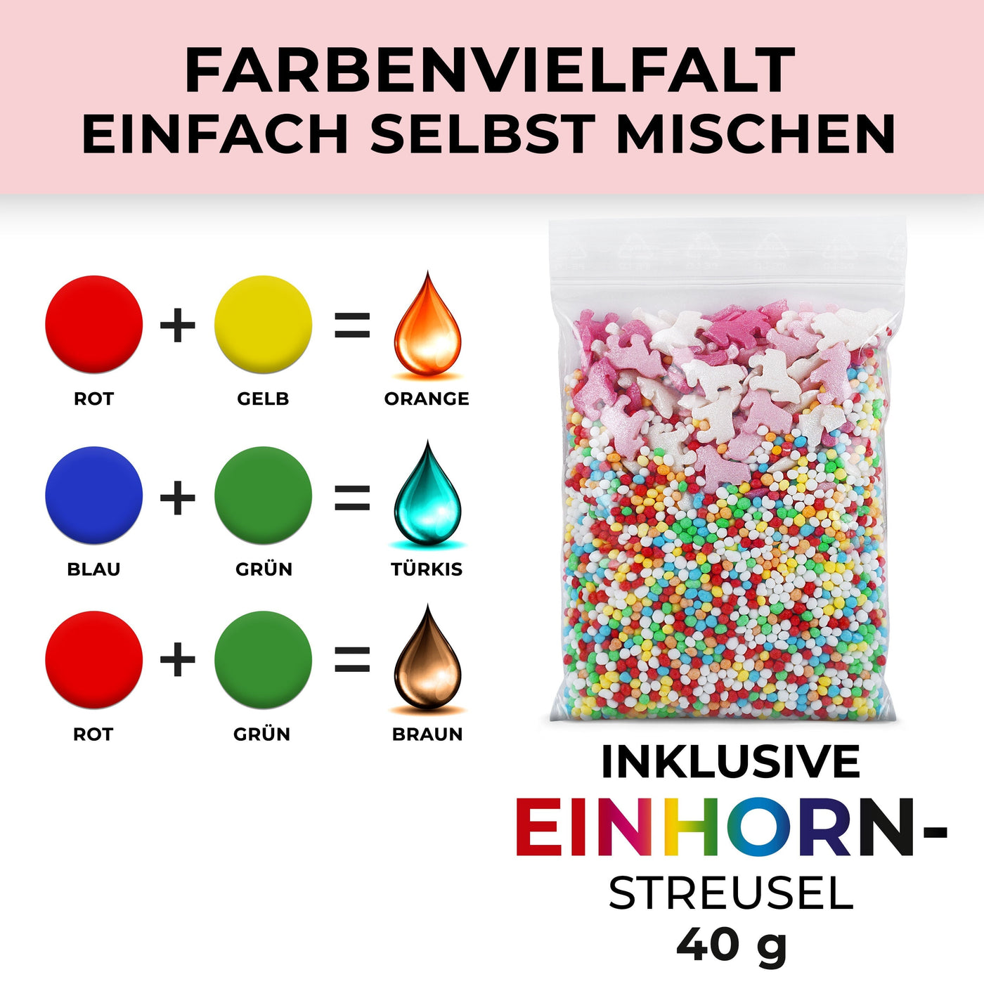 Viererpack 4x: Flüssige Lebensmittelfarbe mit gratis Streusel | Einhorn, Piraten, Silberkugeln, Rote Herzen Lebensmittelfarbe flüssig Flaving 