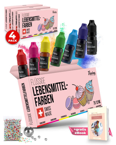 Viererpack 4x: Flüssige Lebensmittelfarbe mit gratis Streusel | Einhorn, Piraten, Silberkugeln, Rote Herzen Lebensmittelfarbe flüssig Flaving Silberkugel-Set 