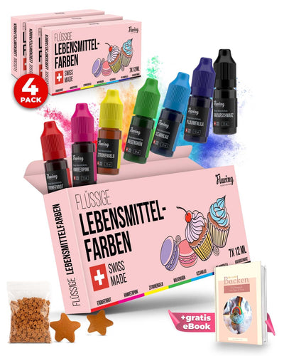 Viererpack 4x: Flüssige Lebensmittelfarbe mit gratis Streusel | Einhorn, Piraten, Silberkugeln, Rote Herzen Lebensmittelfarbe flüssig Flaving Zimtfarbene-Sterne-Set 